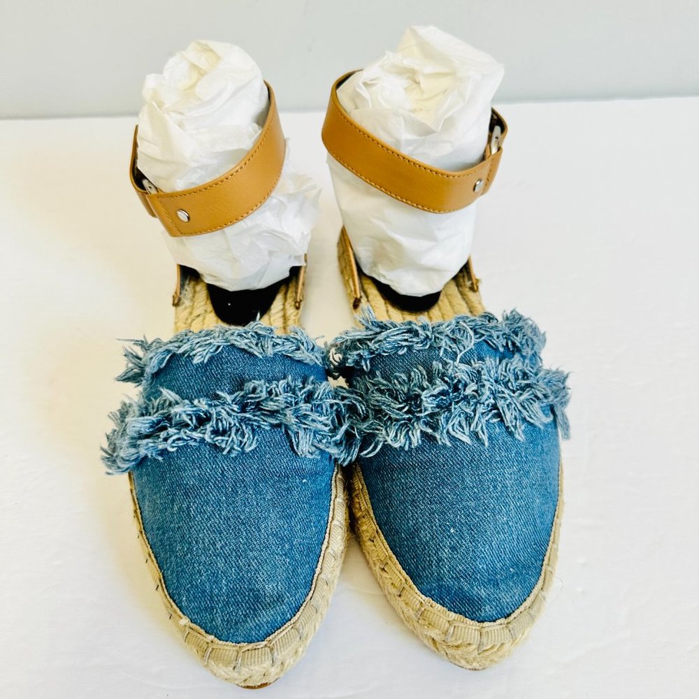 LIKE NEW REBECCA MINKOFF DENIM ANKLE WRAP FRINGE ESPADRILLES - Picture 2 of 9